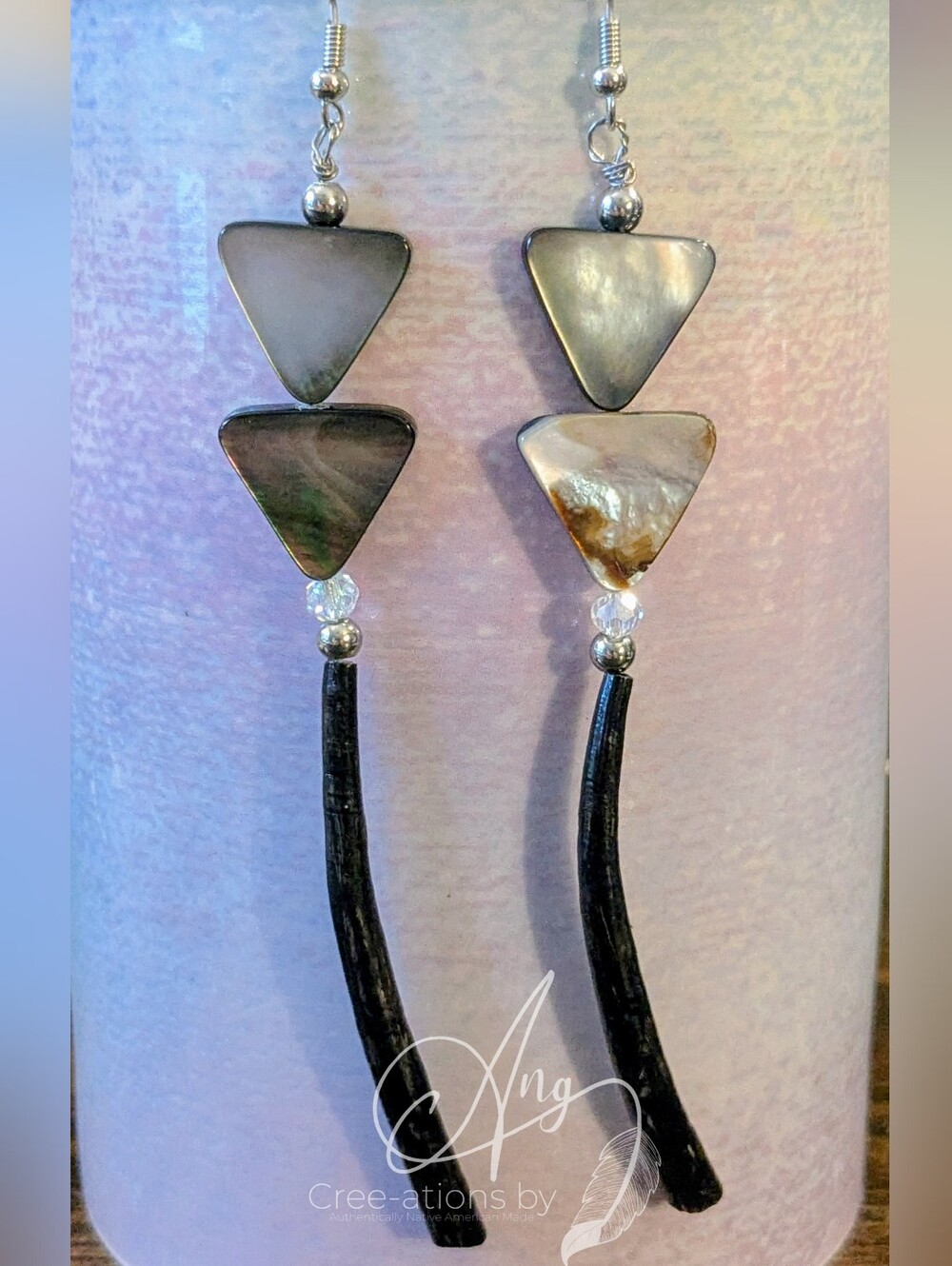 Native American Black Dentalium and Iridescent Triangle Shell Dangle Earrings